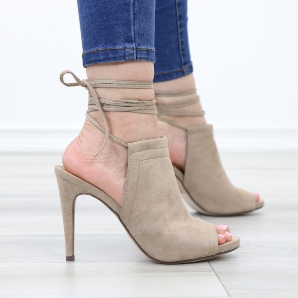 Tan Faux Suede Open Toe Ankle Laces High Heeled Sandals - Picture 2 of 12